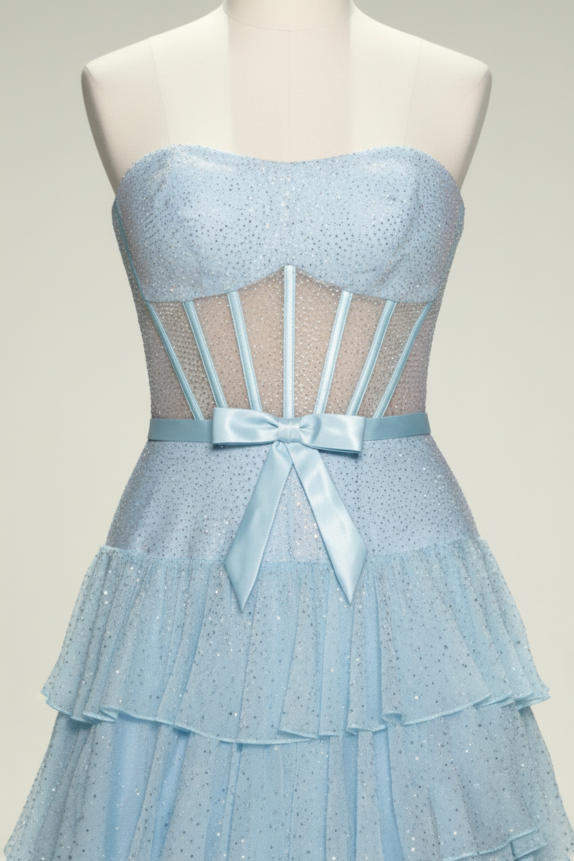 Light blue sheer corset tiered ruffle evening gown - waist and bow detail