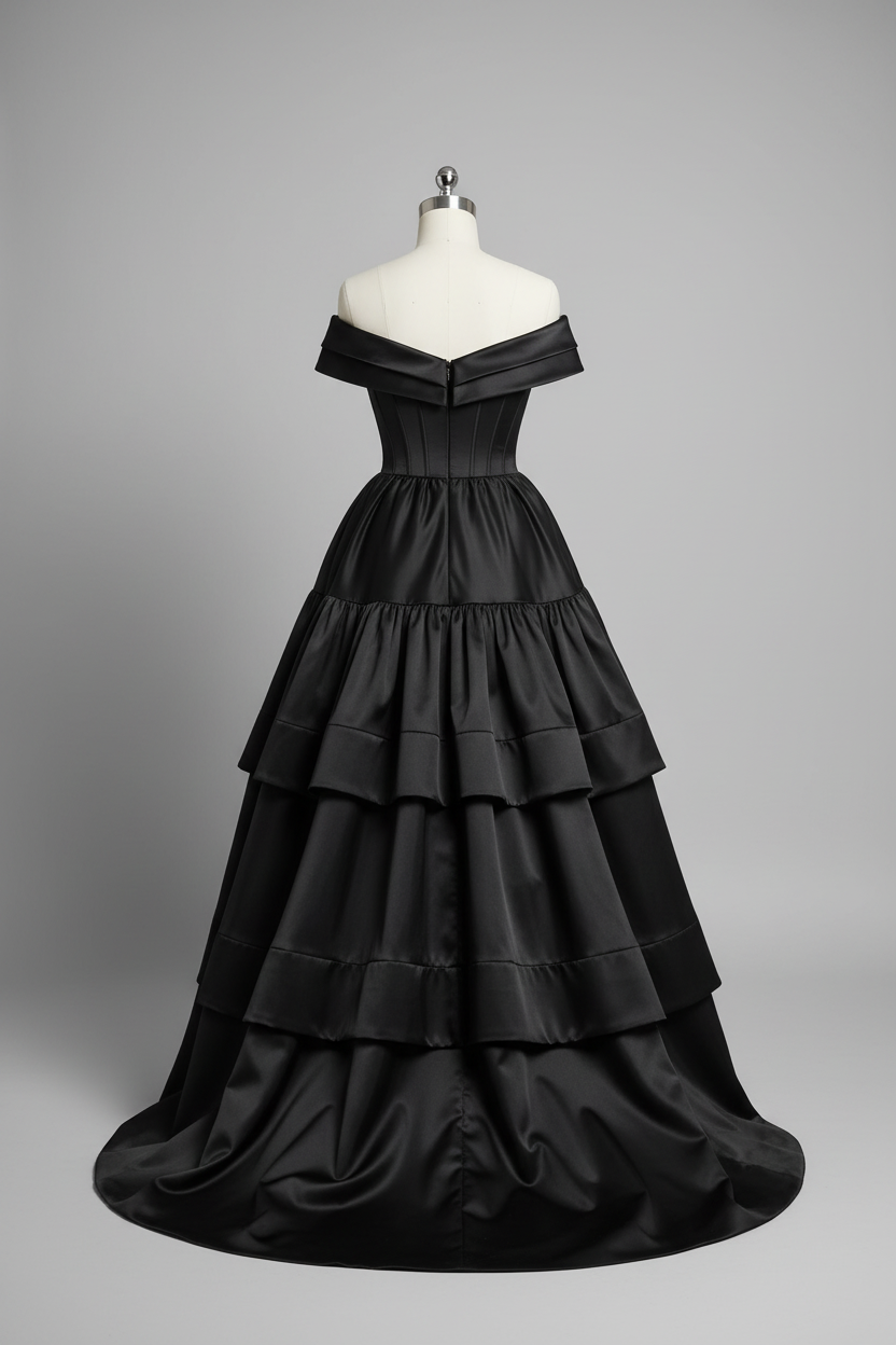 Black satin off-shoulder tiered ball gown - back view