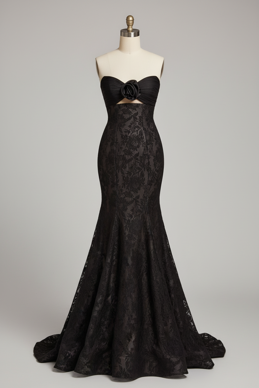Black lace mermaid evening gown - front view
