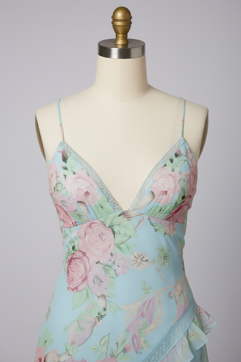 Light blue floral print prom dress - bodice detail