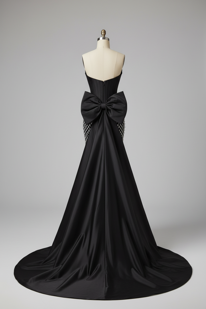 Black satin silver lattice beaded evening gown - back view