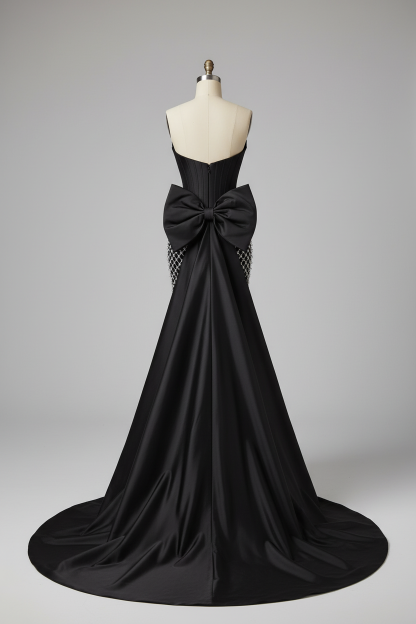 Black satin silver lattice beaded evening gown - back view