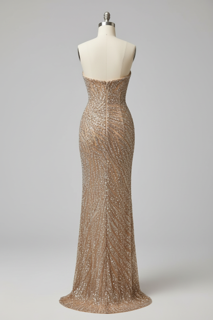 Champagne gold ruched beaded evening gown - back view