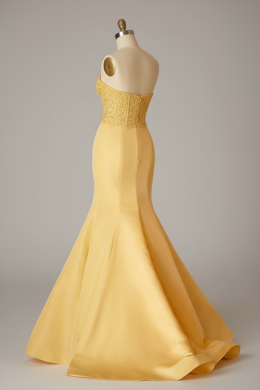 Yellow lace embroidered mermaid prom dress - side view