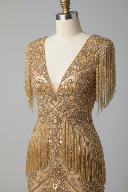 Champagne gold beaded fringe evening gown - bodice detail