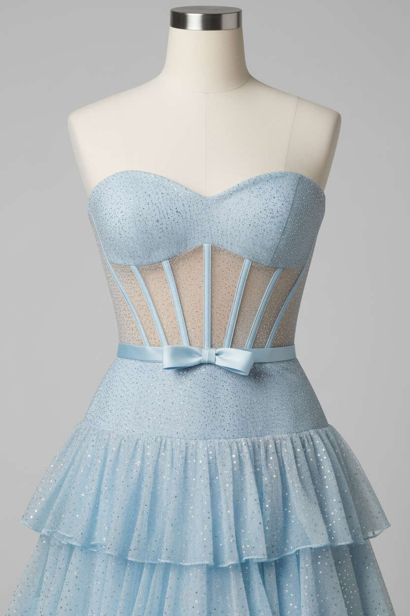 Close-up of strapless corset bodice with satin bow detail