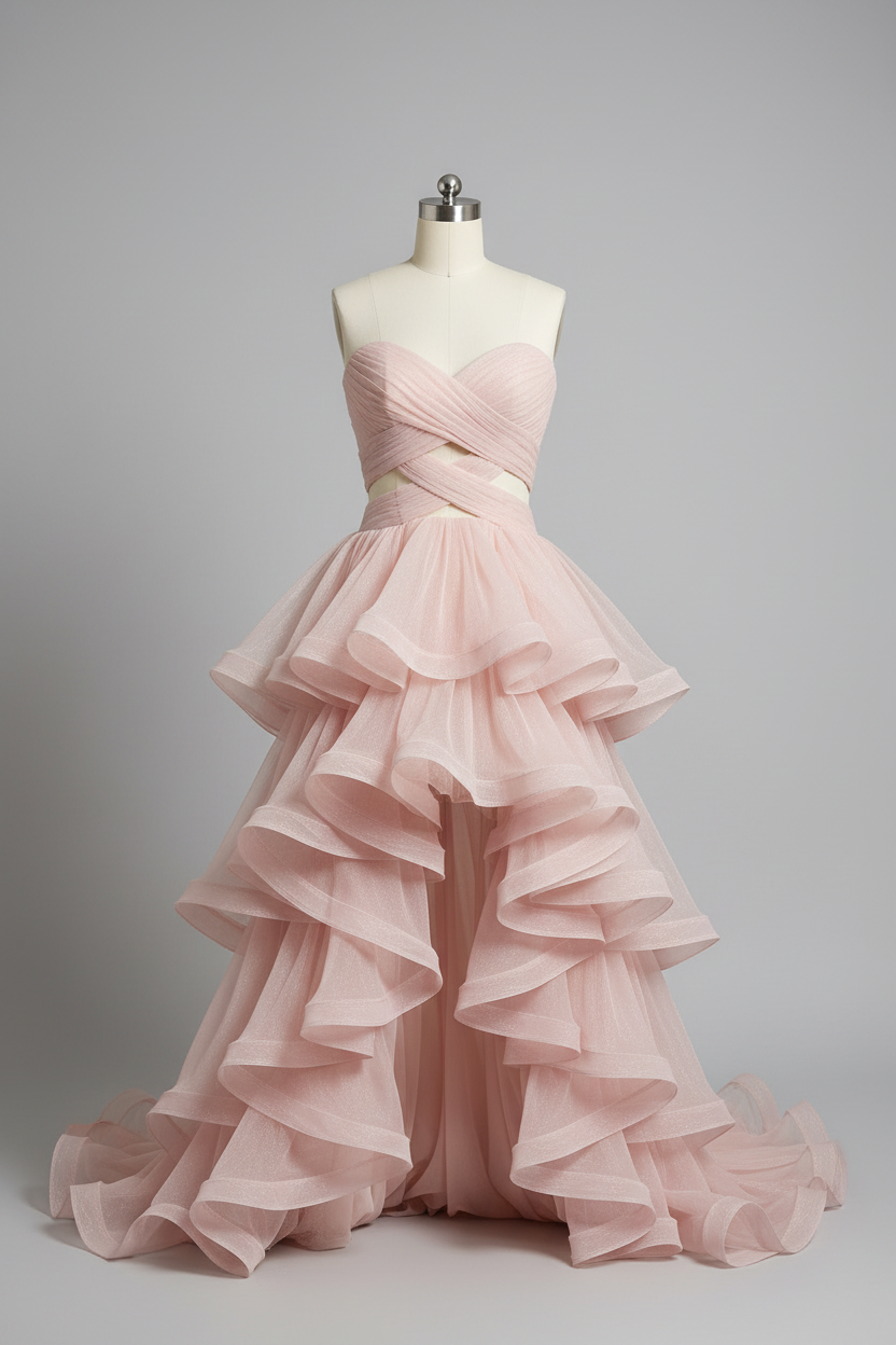 Blush pink tiered ruffle evening gown - front view