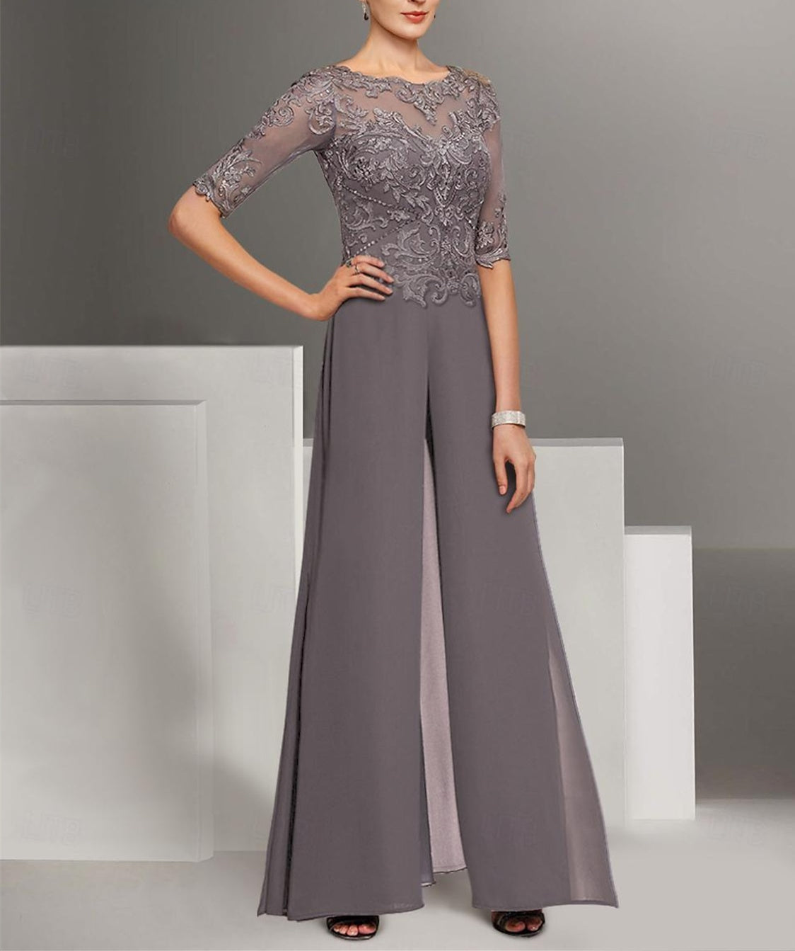 Ankle-Length Mother of the Bride Chiffon Pantsuit with Lace and Jewel Neckline-BMbridal