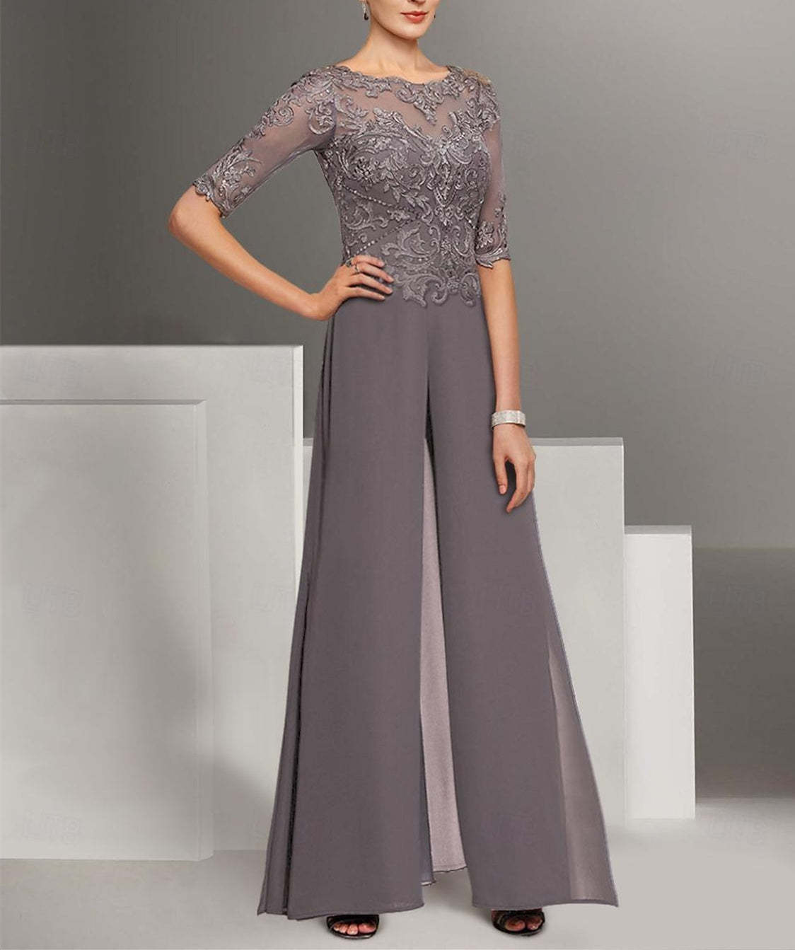 Ankle-Length Mother of the Bride Chiffon Pantsuit with Lace and Jewel Neckline-BMbridal
