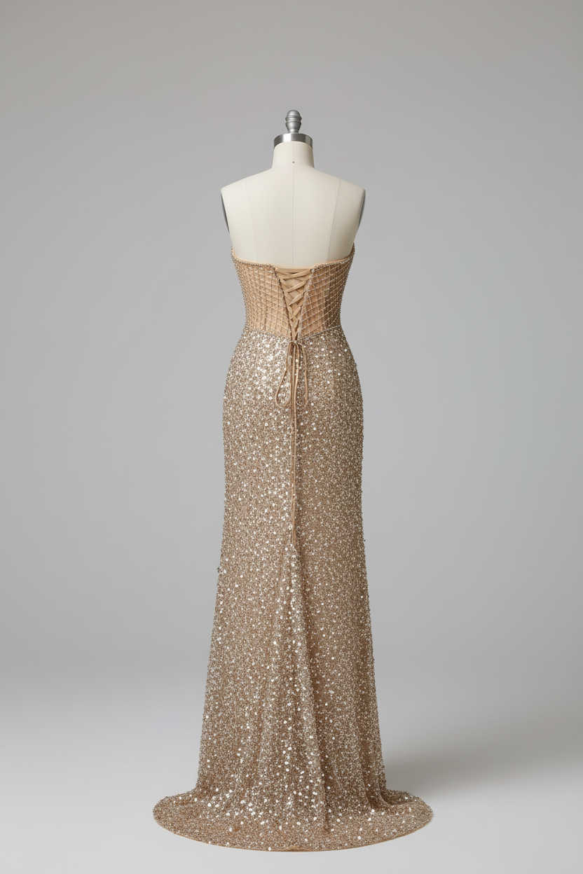 Champagne gold lattice mesh beaded evening gown - back view