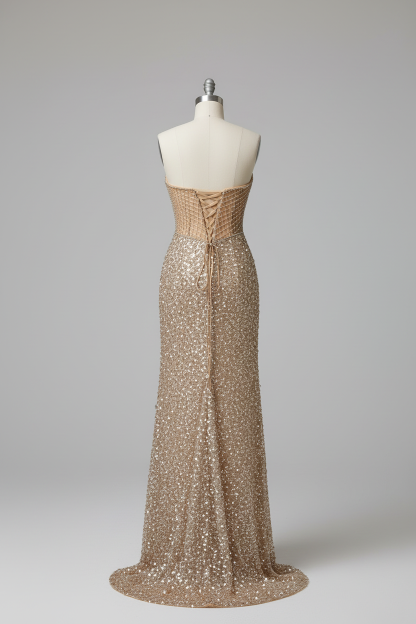 Champagne gold lattice mesh beaded evening gown - back view