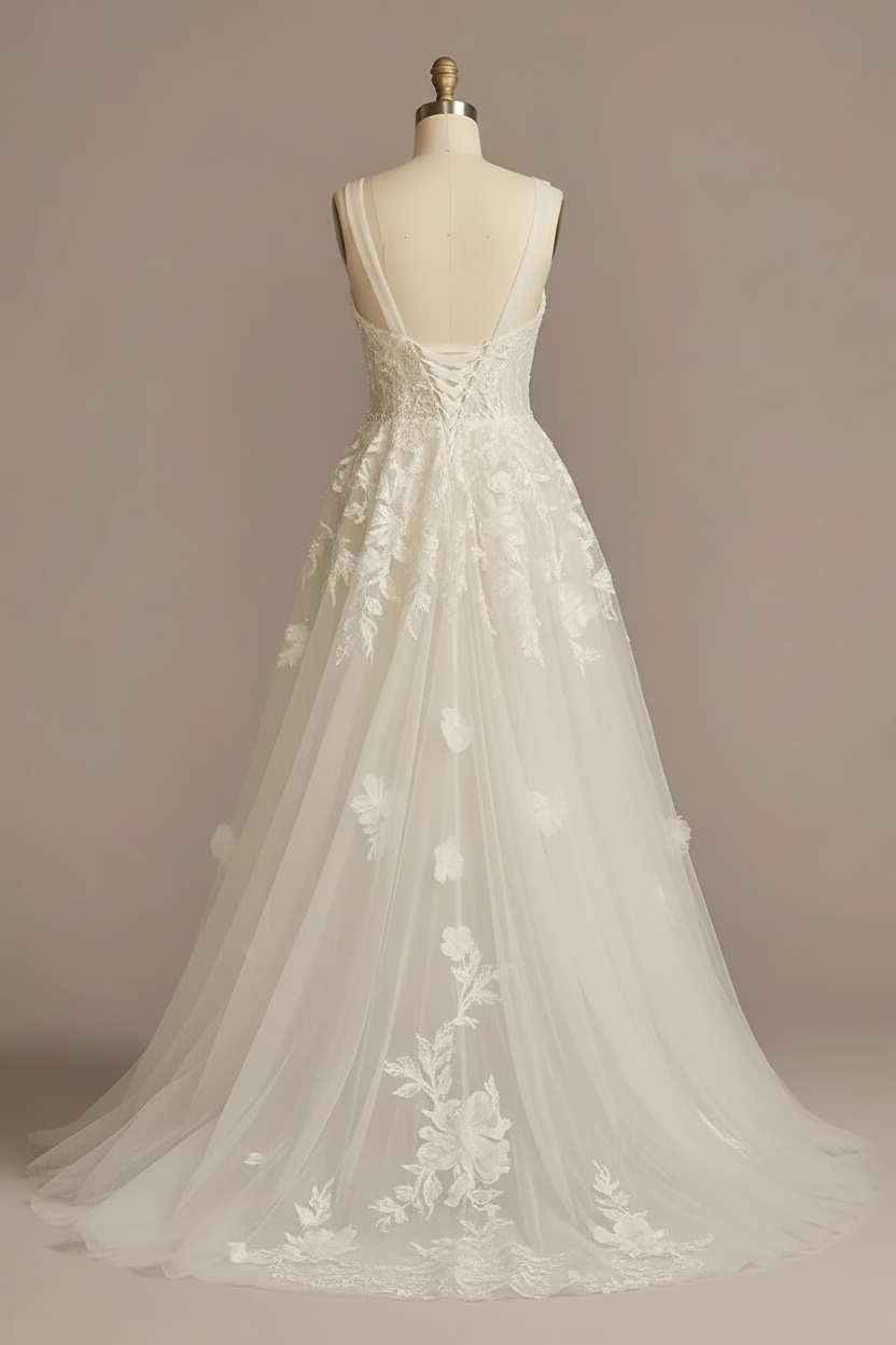 White lace deep V-neck A-line ball gown wedding dress - back view