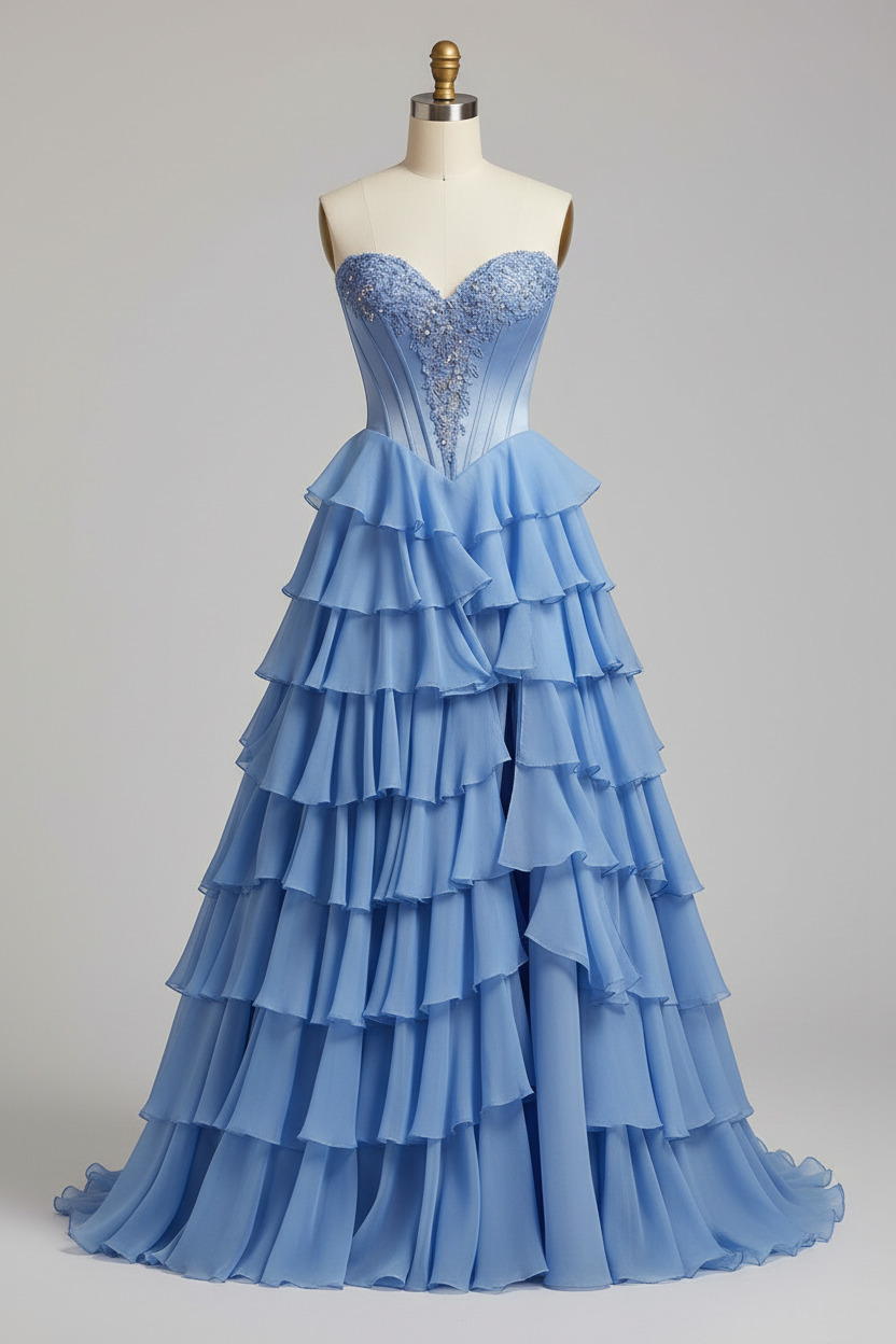 Sky blue lace crystal beaded corset asymmetric tiered ruffle gown - front view