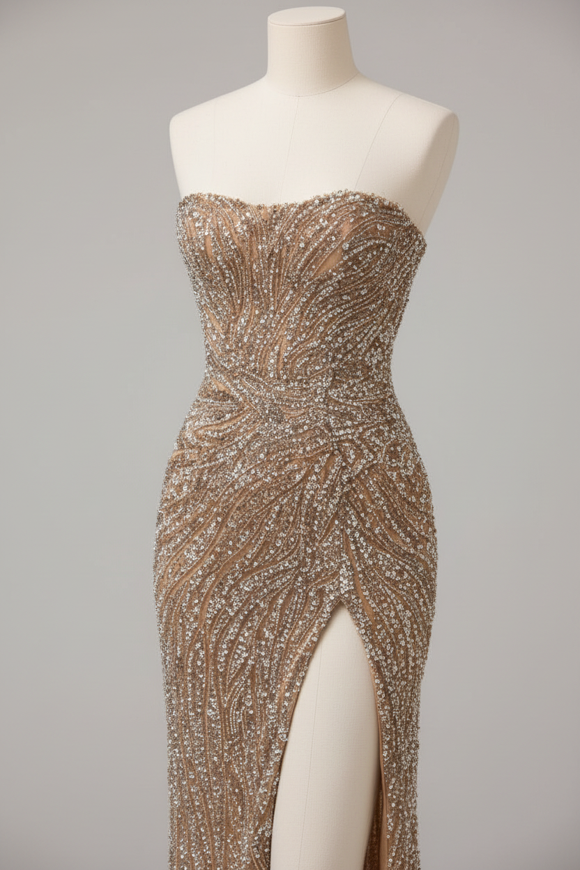 Champagne gold ruched beaded evening gown - waist detail