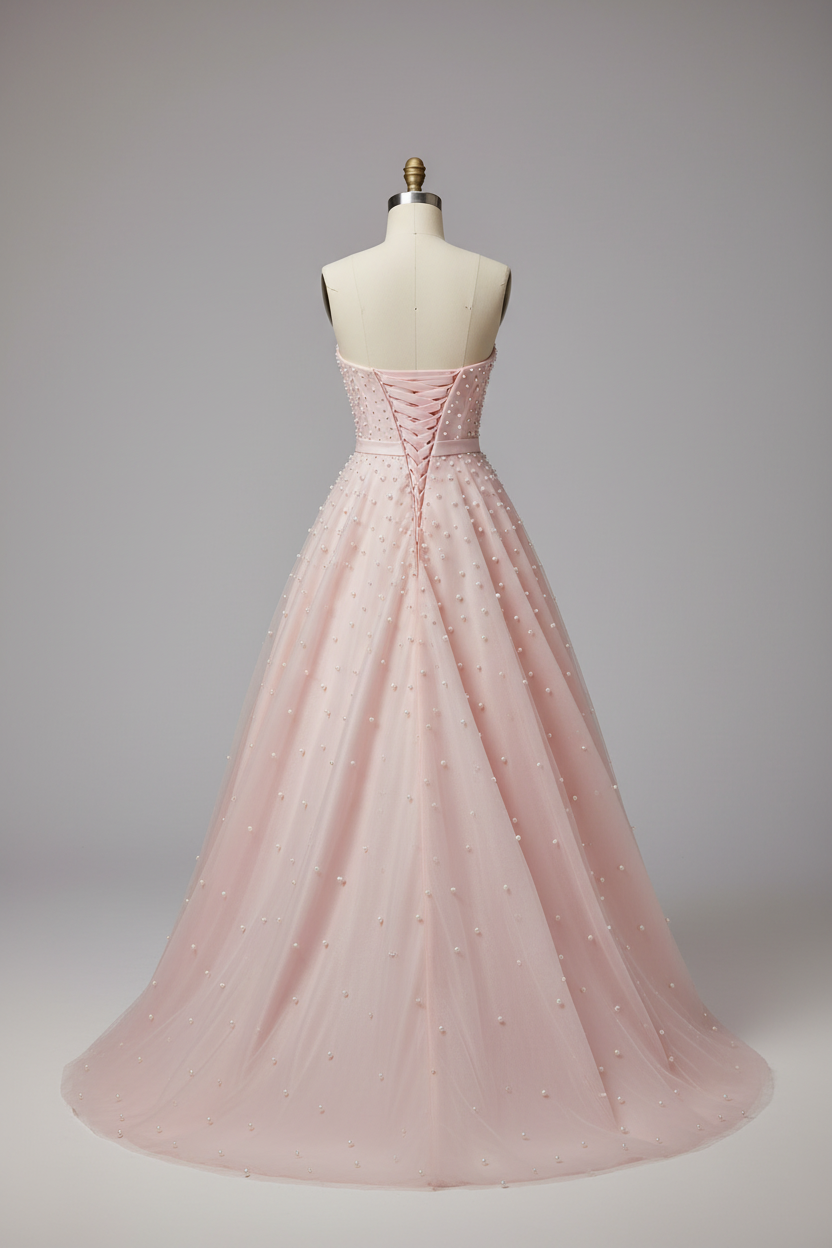 Pink pearl beaded ball gown - corset back view