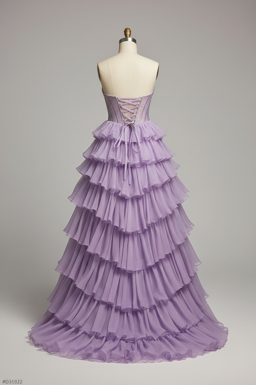 Lavender purple tiered ruffle ball gown - corset back view
