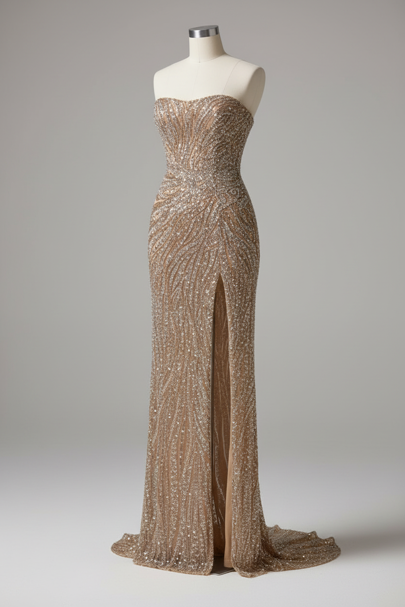 Champagne gold ruched beaded evening gown - hem and slit detail