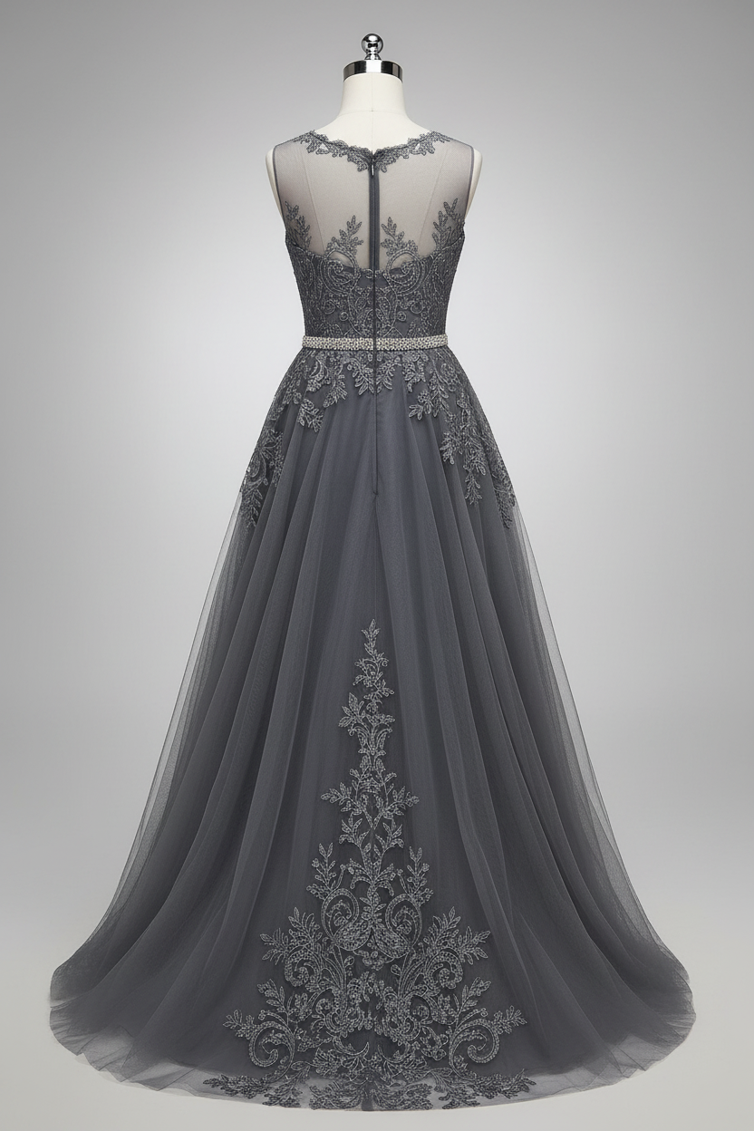 Elegant illusion neckline A-line evening dress - back view with zipper detail on mannequin