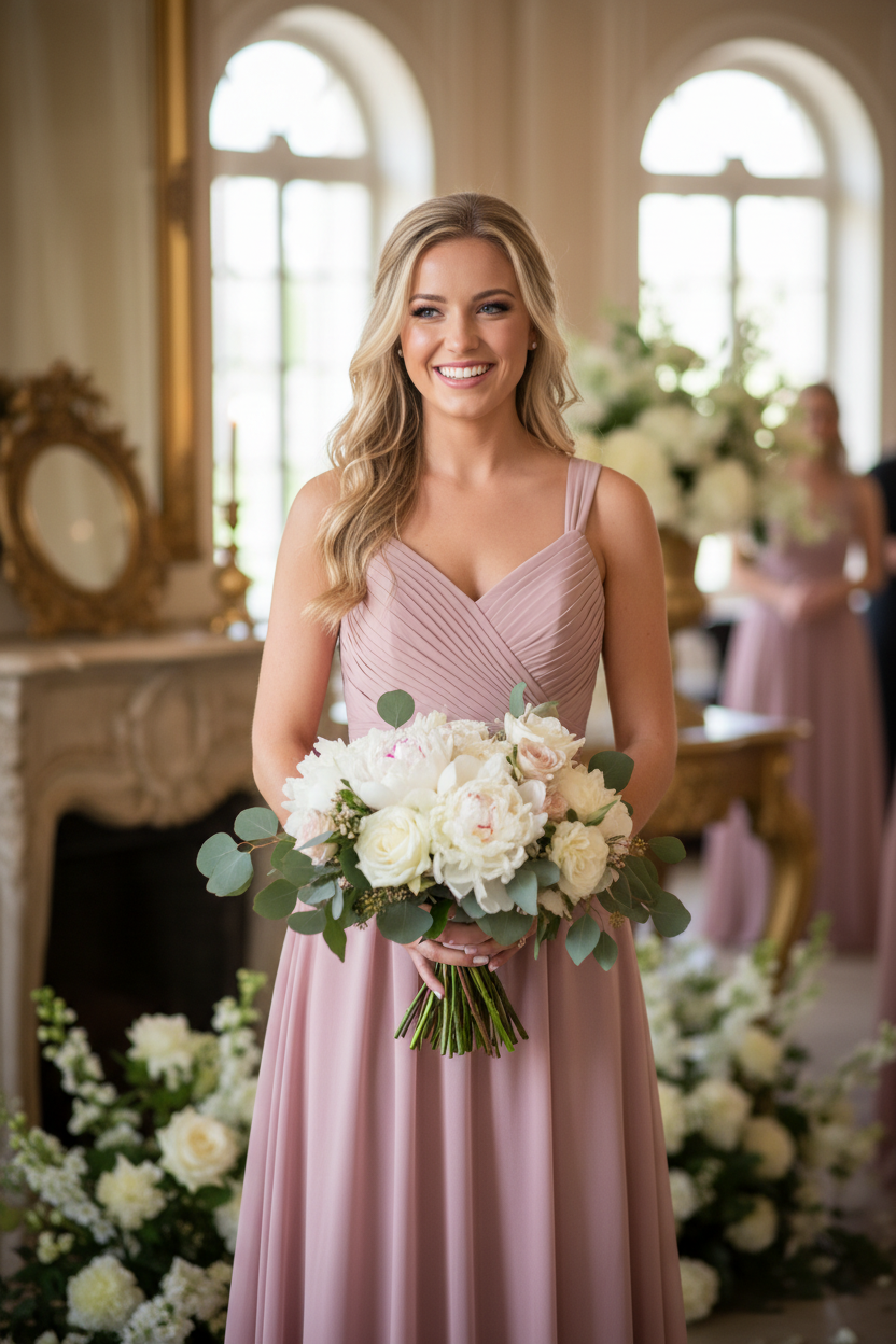 Bridesmaid wearing dusty rose chiffon pleated V-neck A-line dress - front