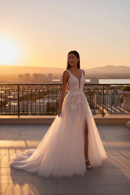 Bride wearing white lace deep V-neck A-line ball gown wedding dress - side