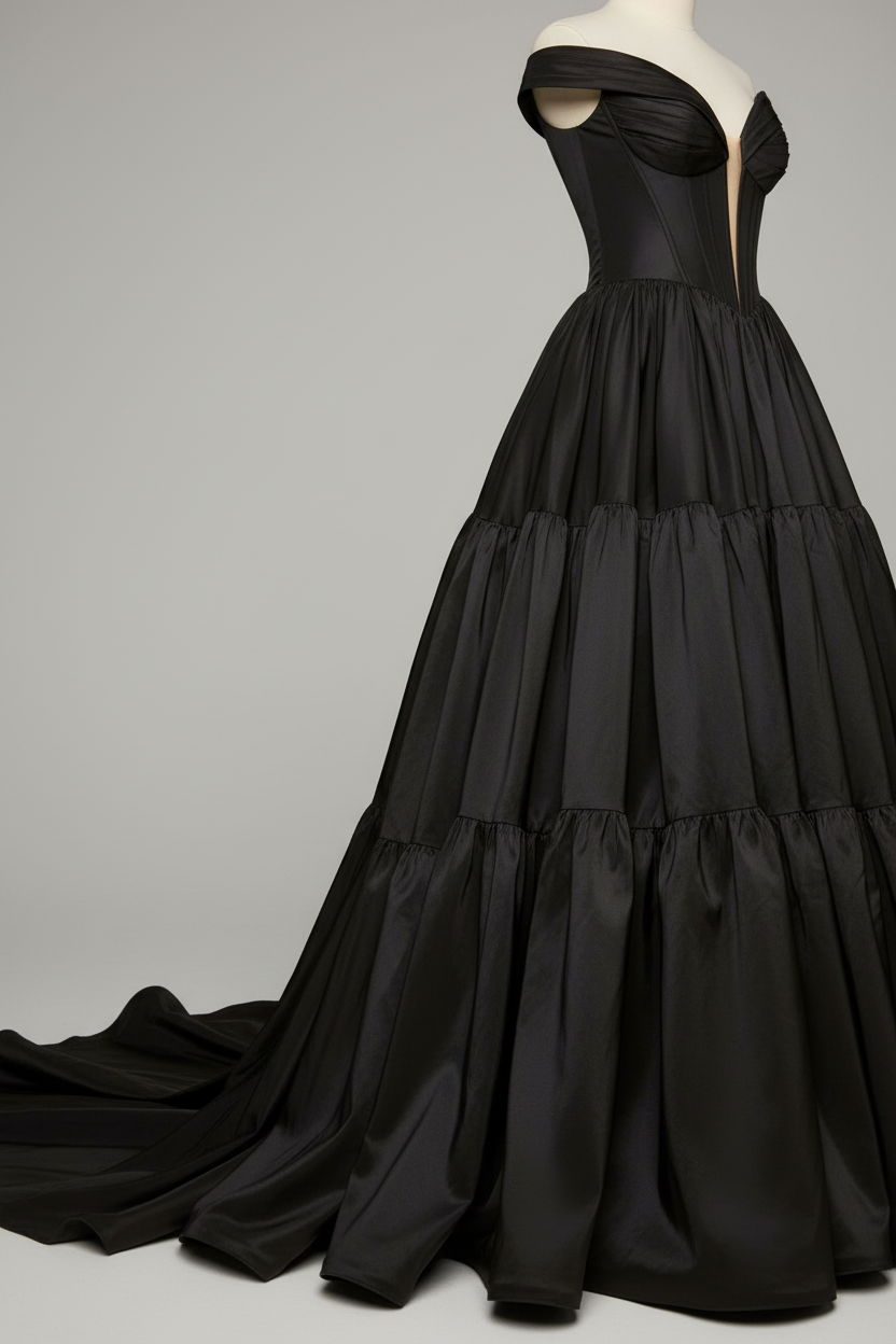 Black satin off-shoulder tiered ball gown - skirt and train detail