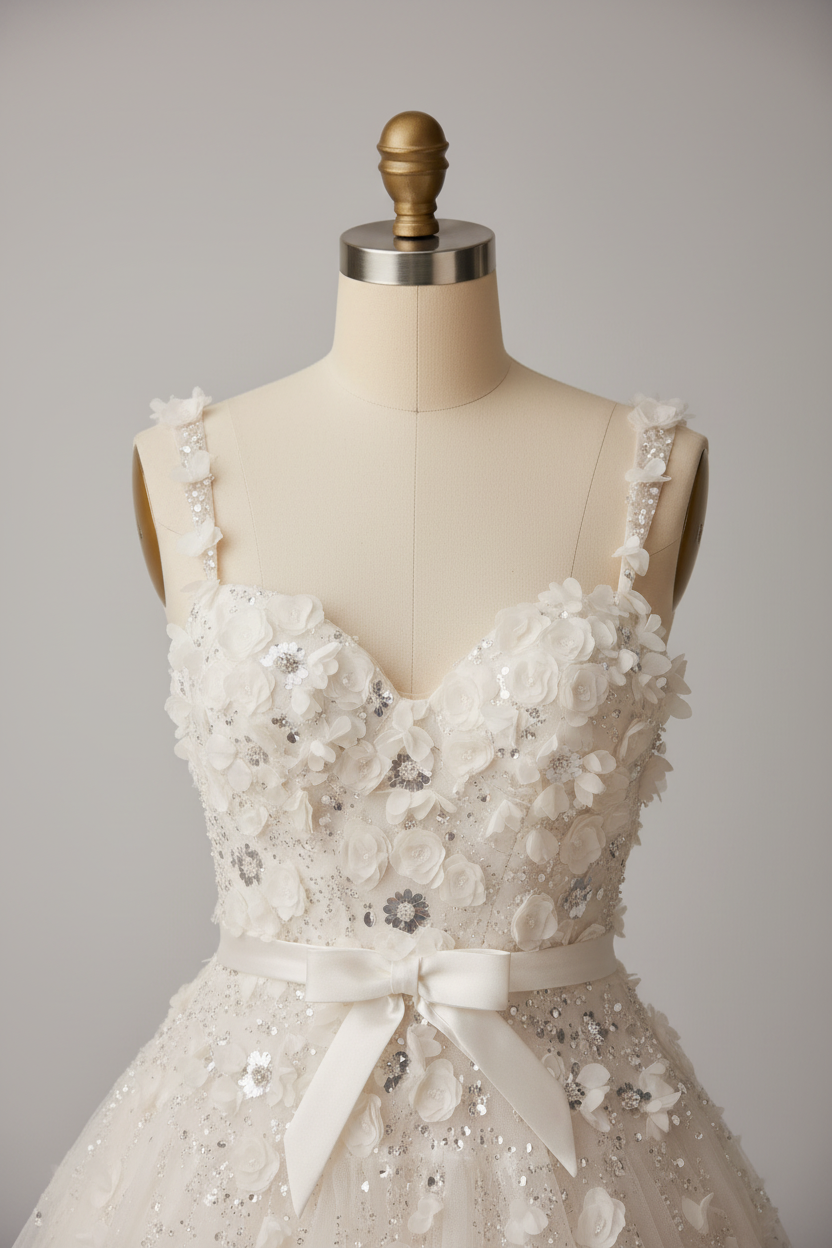 White 3D floral wedding dress - bodice detail