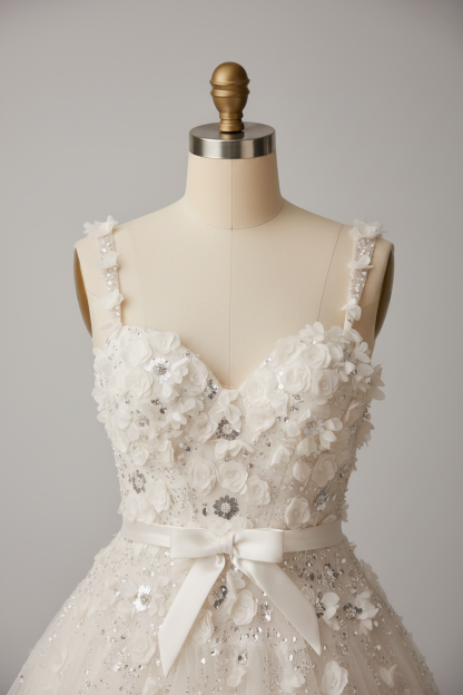White 3D floral wedding dress - bodice detail
