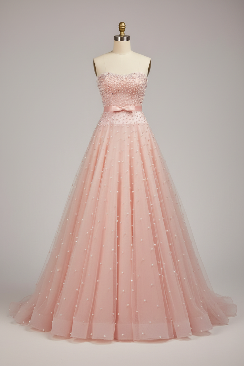 Pink pearl beaded ball gown - front view