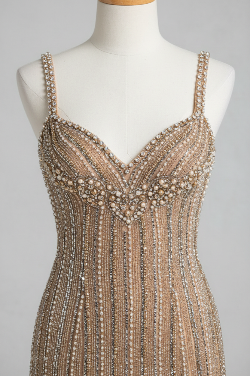 Champagne gold vertical beaded evening gown - bodice detail