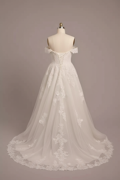 White lace off-shoulder A-line ball gown wedding dress - back view