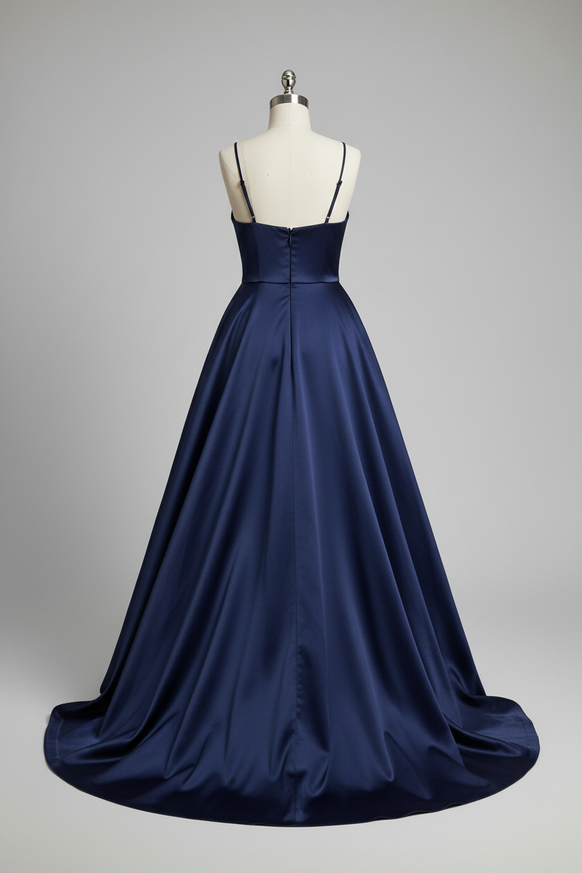 Navy blue satin sweetheart crisscross high slit A-line bridesmaid dress - back view