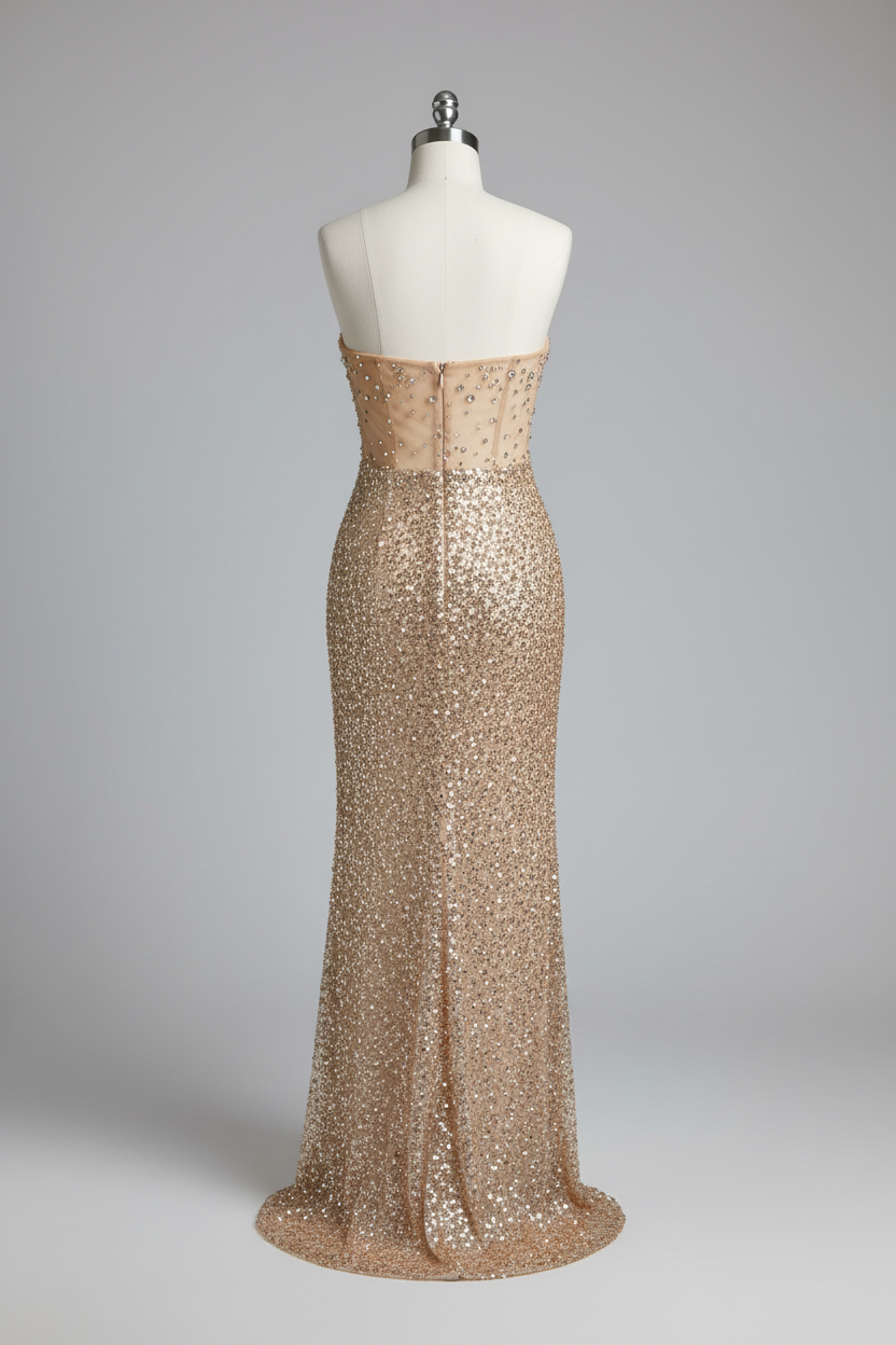 Champagne gold fully beaded evening gown - back view