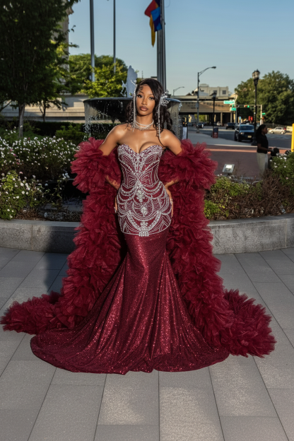 Burgundy - Crystal Beaded Mermaid Gown