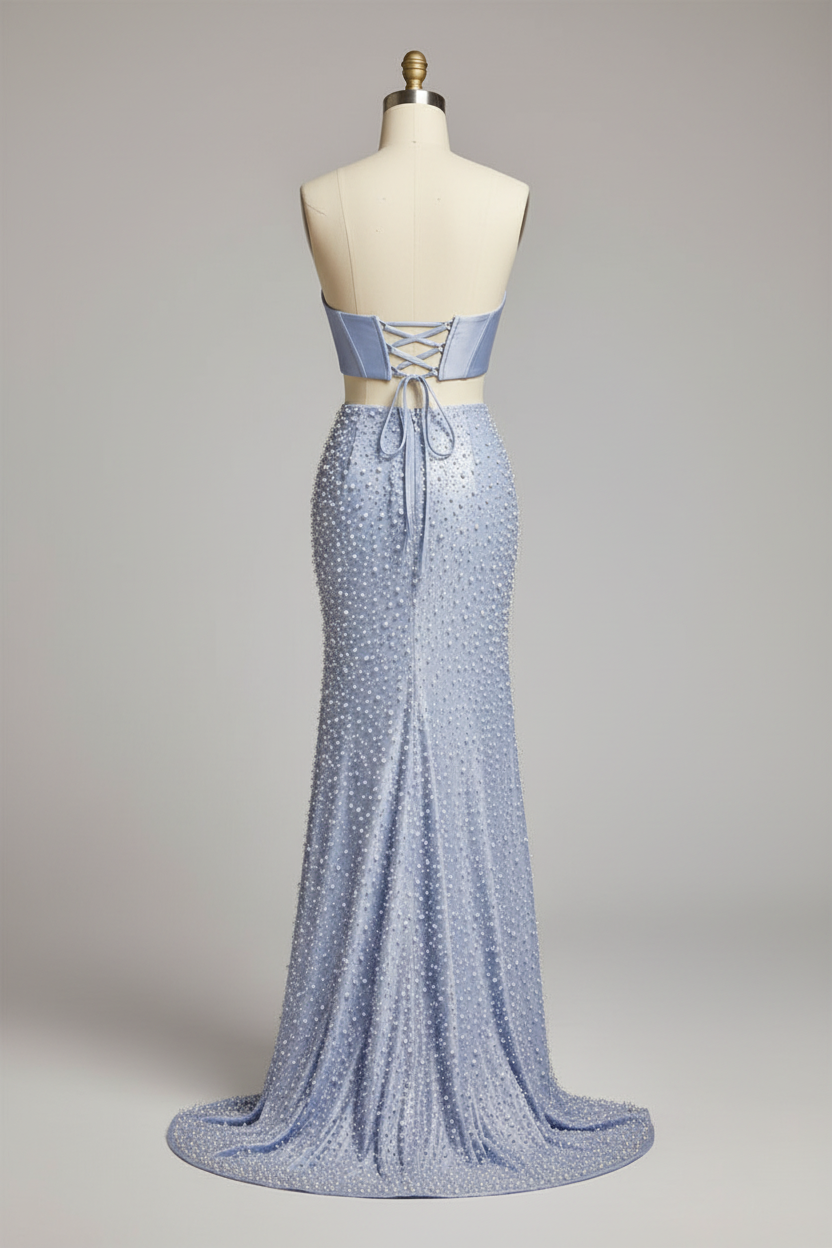 Light blue two-piece beaded prom dress - back view