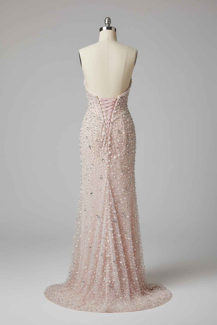 Pink beaded prom dress - back view with corset
