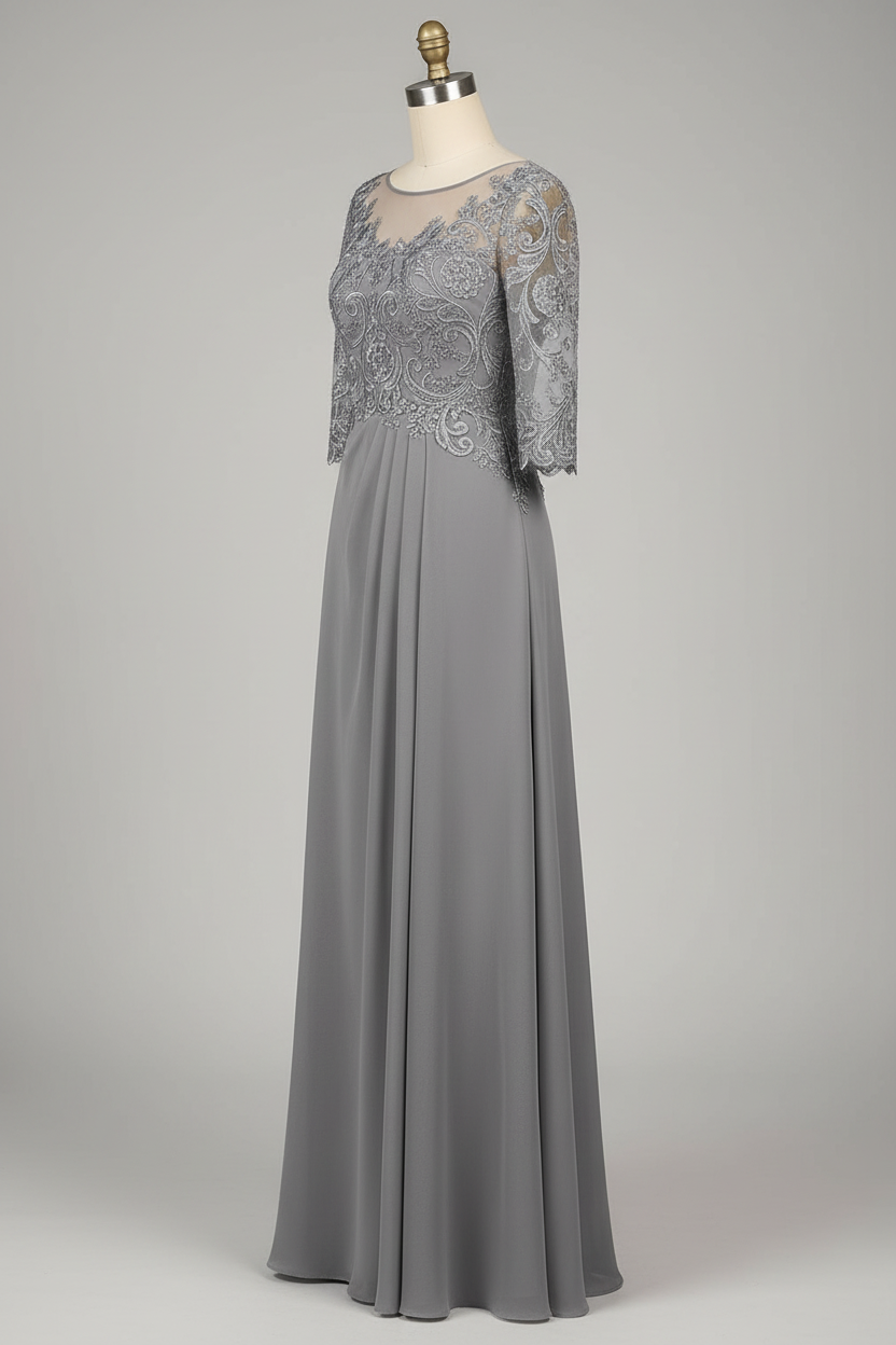 Gray lace illusion 3/4 sleeve A-line mother of the bride dress - side view