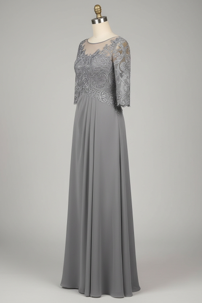 Gray lace illusion 3/4 sleeve A-line mother of the bride dress - side view