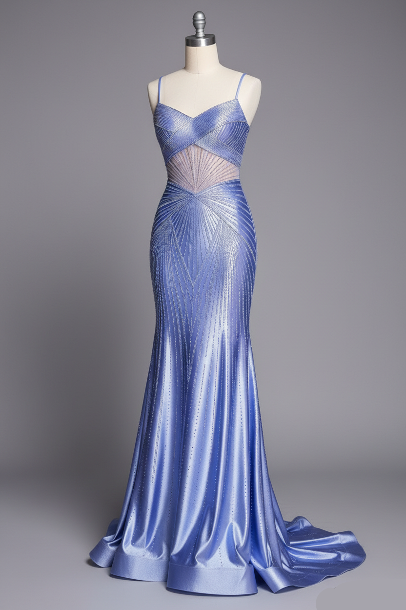 Metallic Beaded Mermaid Gown - Periwinkle Blue Evening Dress with Open Back