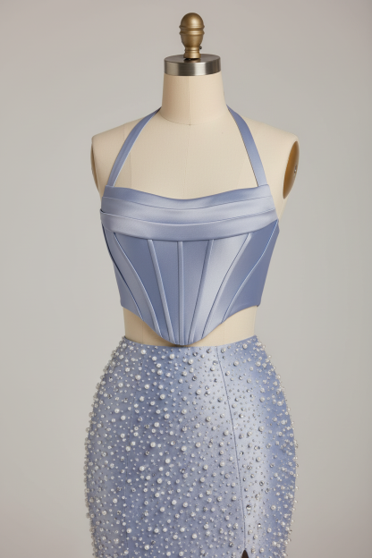 Light blue two-piece prom dress - crop top detail