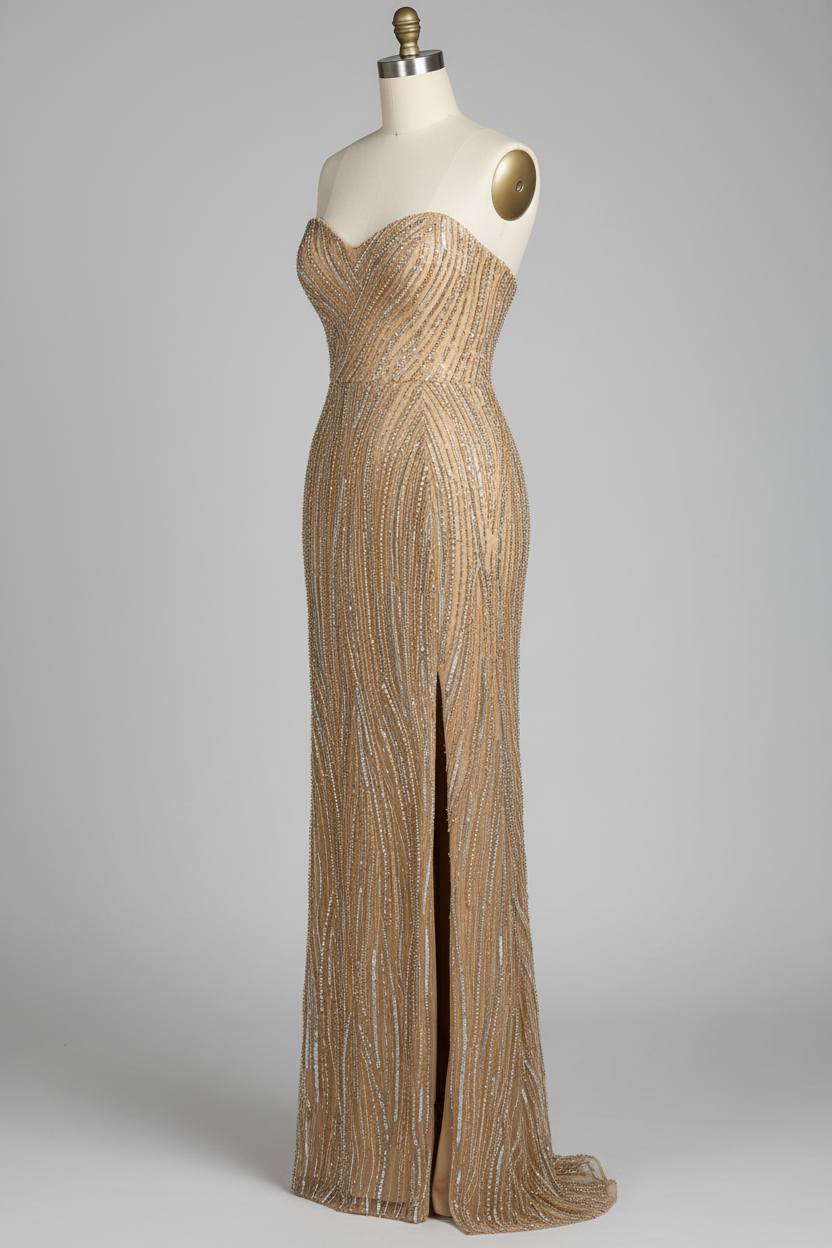 Champagne gold wave beaded strapless evening gown - side view