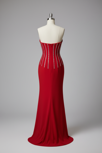 Red crystal beaded fitted evening gown - back view