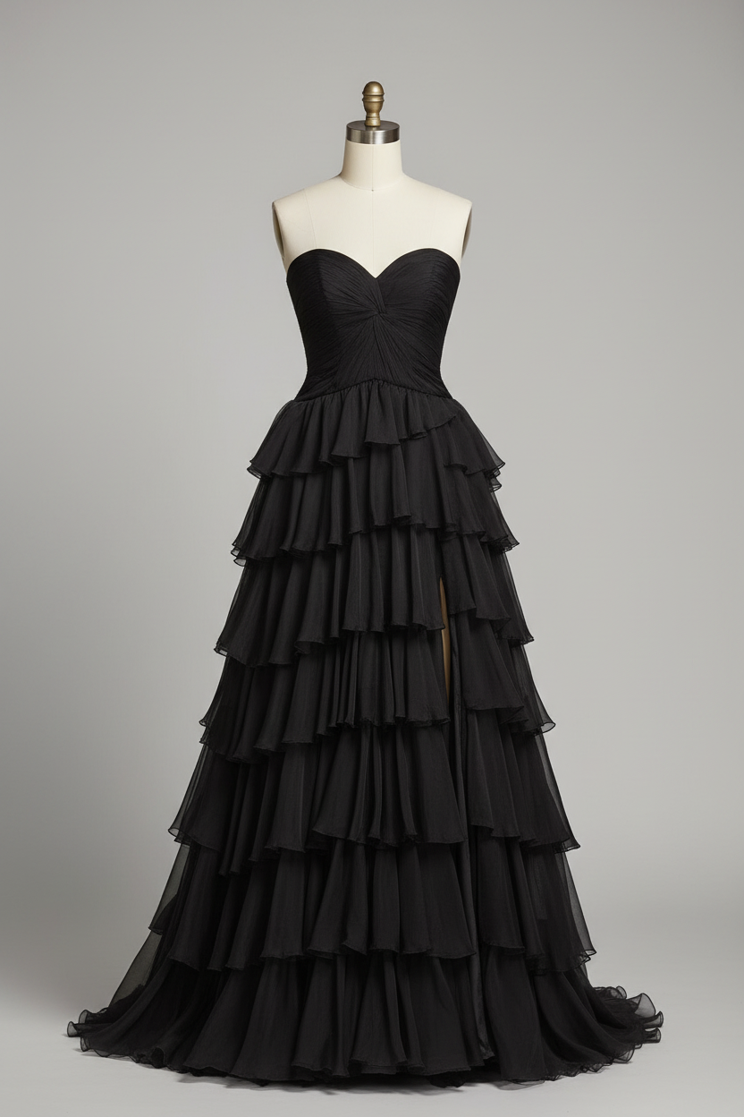 Black tiered ruffle evening gown - front view