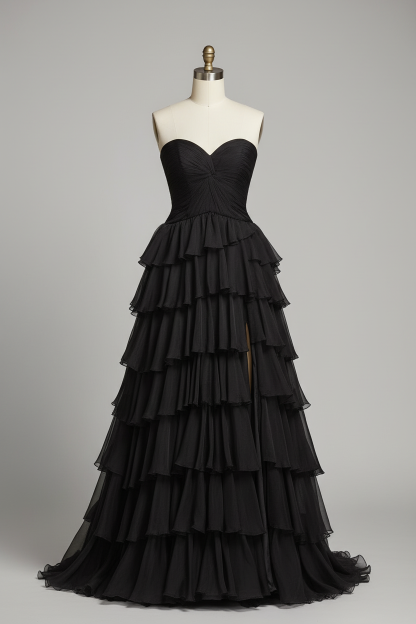 Black tiered ruffle evening gown - front view