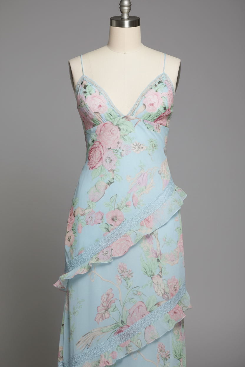 Light blue floral print prom dress - ruffle detail