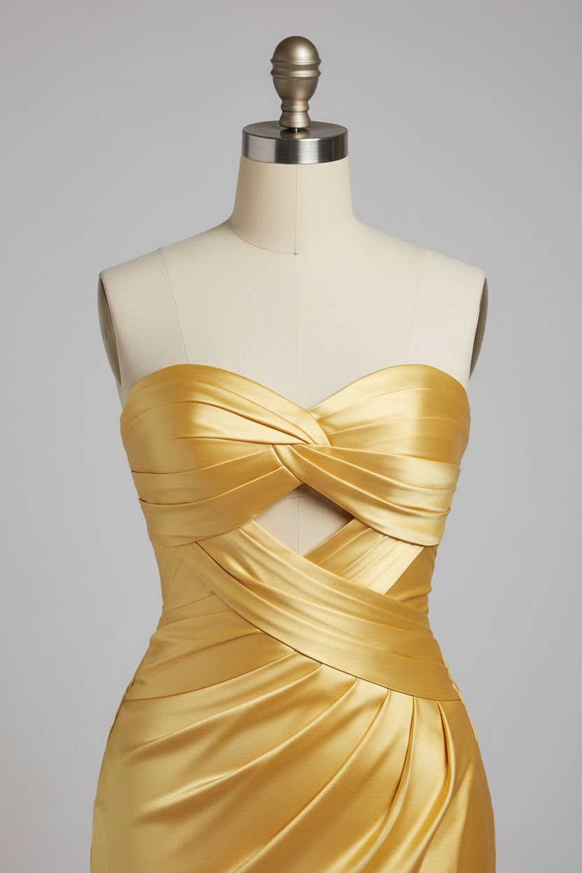 Golden yellow satin prom dress - cutout bodice detail