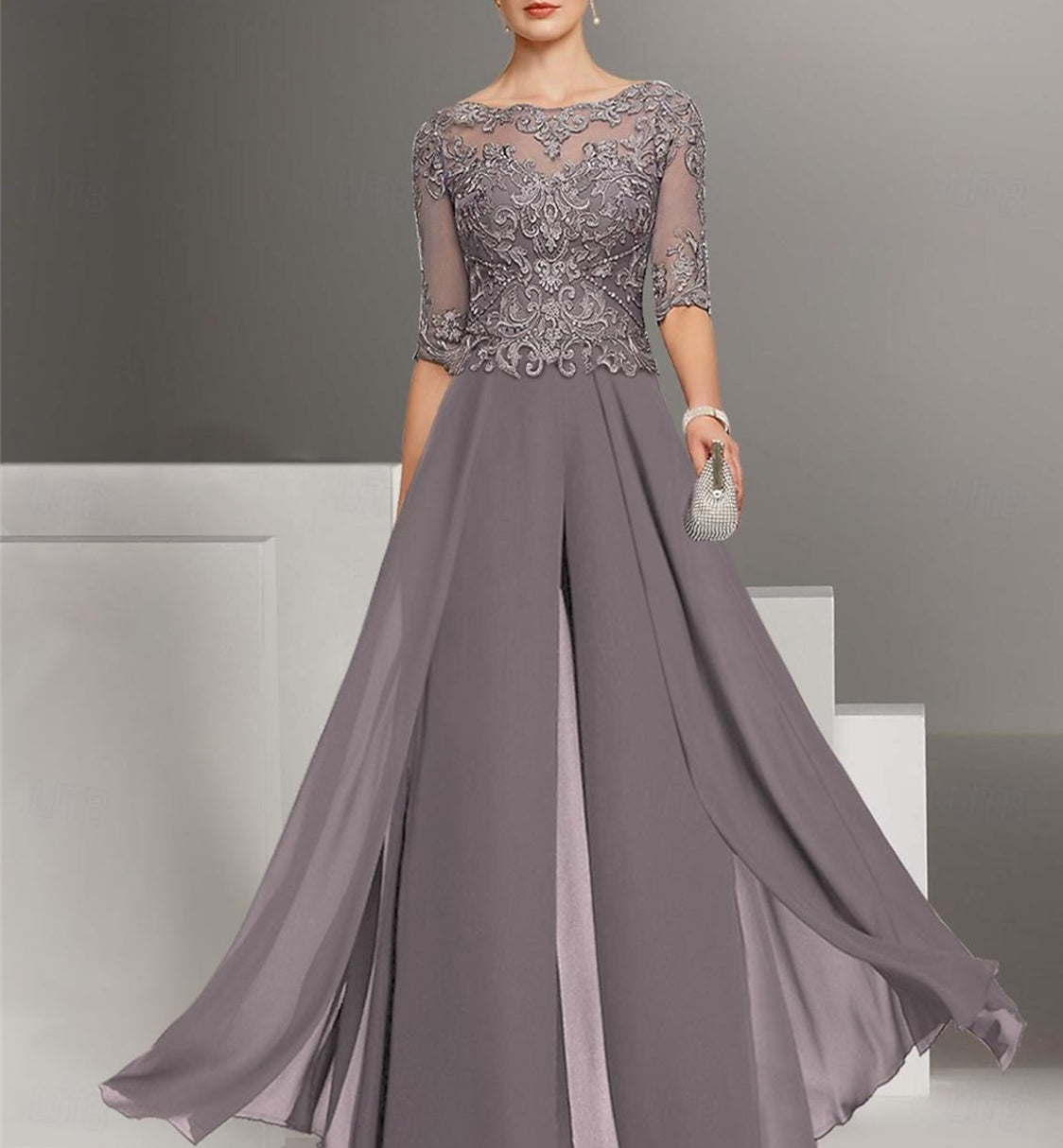 Ankle-Length Mother of the Bride Chiffon Pantsuit with Lace and Jewel Neckline-BMbridal