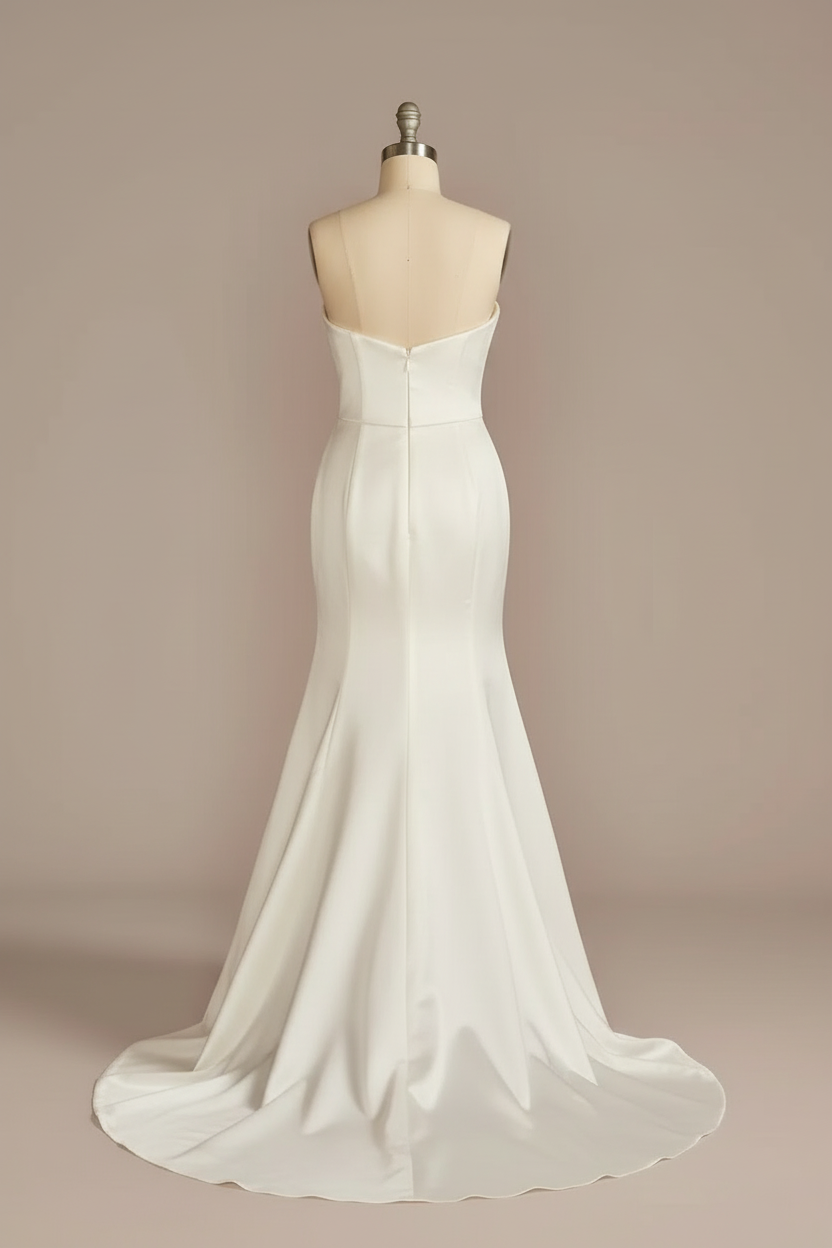 White satin strapless mermaid wedding dress - back view