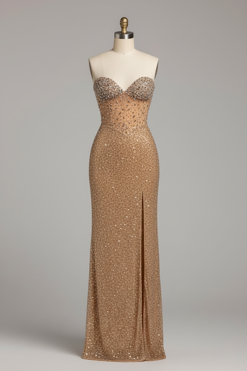 Champagne gold fully beaded evening gown - front view