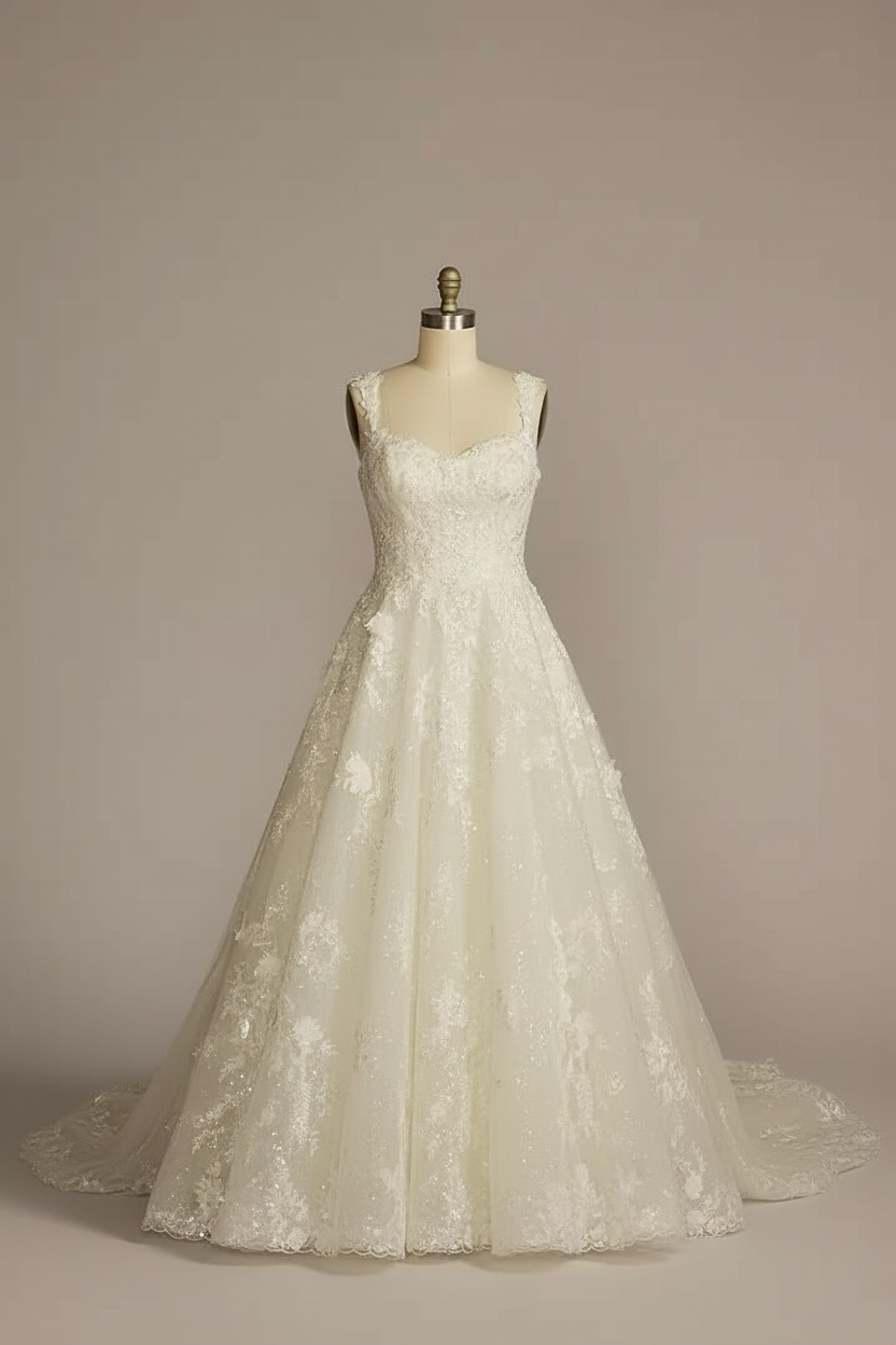 White lace strap A-line ball gown wedding dress - front view