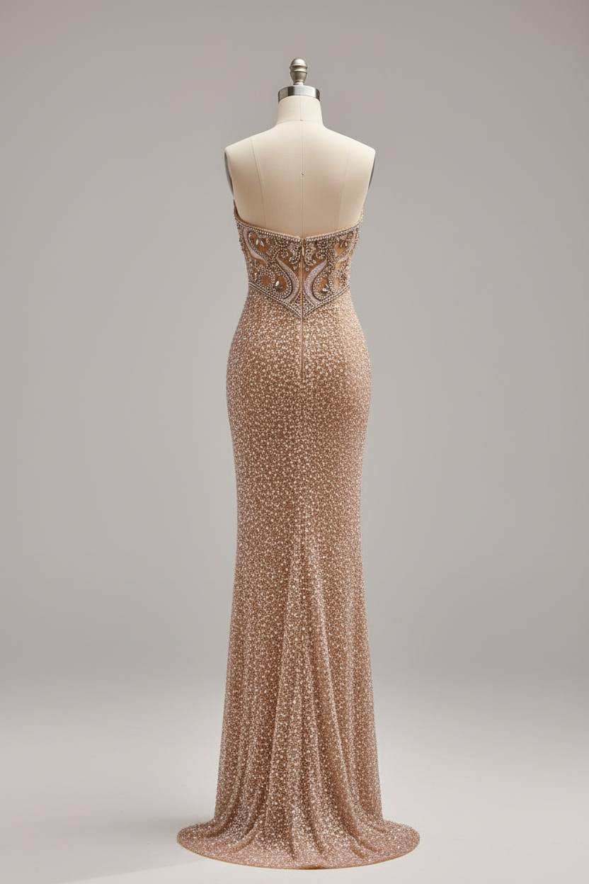 Champagne gold art deco beaded evening gown - back view